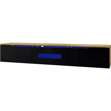 TV-Lowboard 180 cm schwarz mit Holzoptik und LED-Beleuchtung, Wandmontage (1/5)