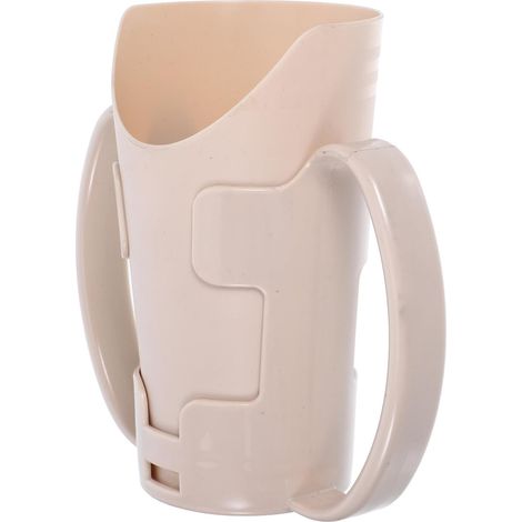 Beige Plastic Cup with Double Handle, Angled Opening, and Device for Bedridden Elderly People (1/5)