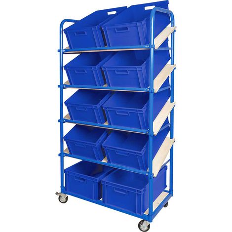 BRB Schrägboden-Regalwagen mit 5 Ebenen, 4 Lenkrollen, bestückt mit 10 Euroboxen 600x400x220 mm (blau) (1/3)