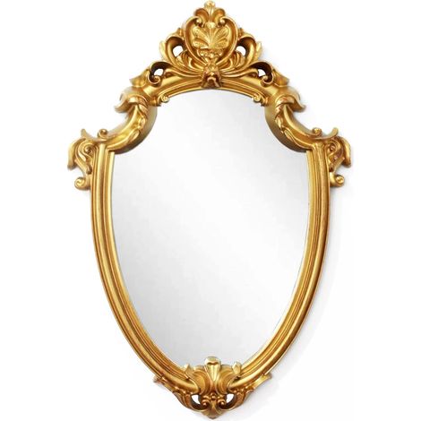 1 Miroir mural forme bouclier, plastique doré brossé, verre sans déformation, salon chambre salle de bain