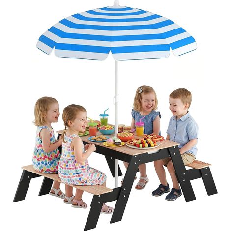 Table de Pique-Nique Enfants avec Parasol Amovible, 3 en 1 Salon de Jardin en Bois pour Enfants 3-6 Ans avec 2 Boîtes pour Sable & Eau, Charge 50 kg, pour Jardin Terrasse Patio, Bois Naturel (1/5)
