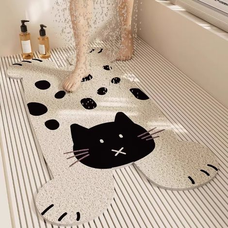 Badematte, saugfähige Badematte, Matte mit Cartoon-Muster, rutschfeste Badematte mit Cartoon-Muster – Weiße Katze