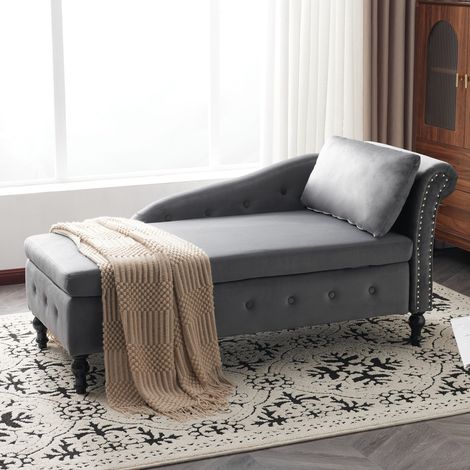 Velvet Chaise Lounge Sofa with Storage, Upholstered Chaise lounge Couch with Pillow for Living Room, Bedroom and Office, Right Armrest, Grey (1/5)