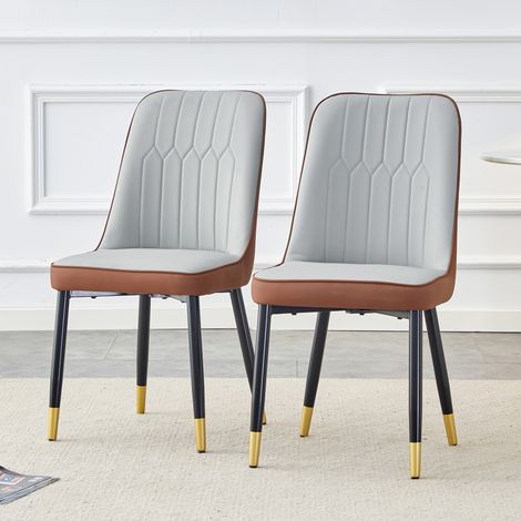 REDOM Sedia da pranzo, schienale ergonomico, gambe in metallo nere, rivestimento in PU grigio chiaro e marrone
