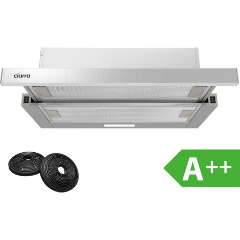 Ciarra – Hotte tiroir télescopique 60cm – Aspiration 391 m3/h – 2 vitesses – A++ – Filtre charbon inclus – Inox silencieuse 49dB