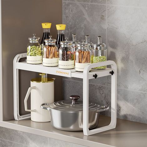 Étagère de Cuisine Blanche à 2 Niveaux Rétractable, Organisateur de Table pour Évier et Plaque de Cuisson, Rack de Rangement Plastique 8512 (1/5)