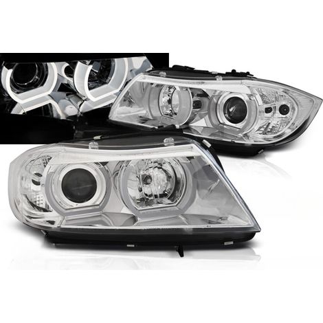 Paire de feux phares BMW serie 3 E90 / E91 de 2005 a 2008 angel eyes 3D led chrome-27361179 (1/4)