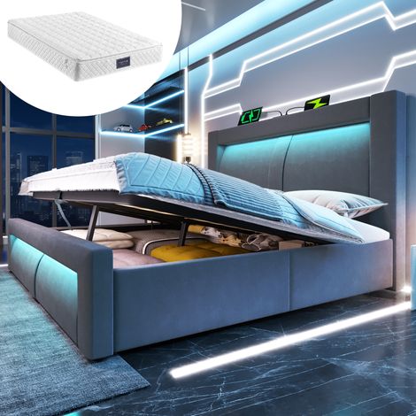 DESVIAE Lit double 160 x 200 cm avec rangement hydraulique LED USB Type C tête de lit incurvée velours gris avec matelas (1/5)