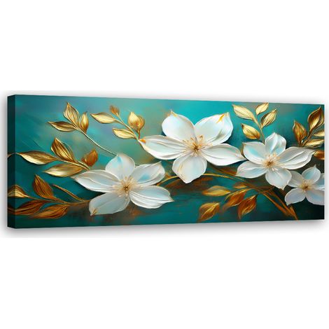 Tableau déco Fleurs blanches Feuilles d'or Turquoise 90x30 (1/5)