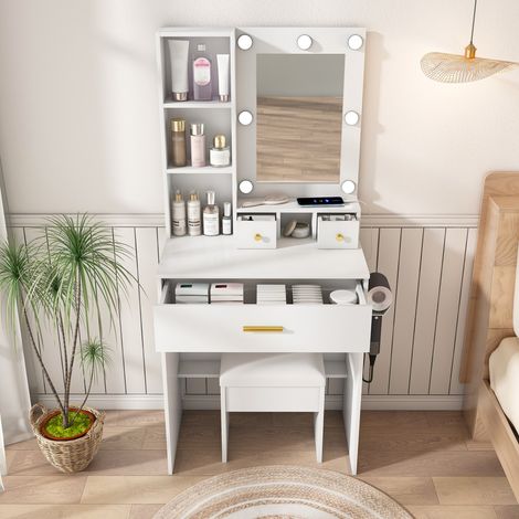 Coiffeuse compacte blanche 60x38x131,5 cm miroir LED modulable, prise électrique, tabouret rembourré, tiroirs et étagères de rangement (1/5)