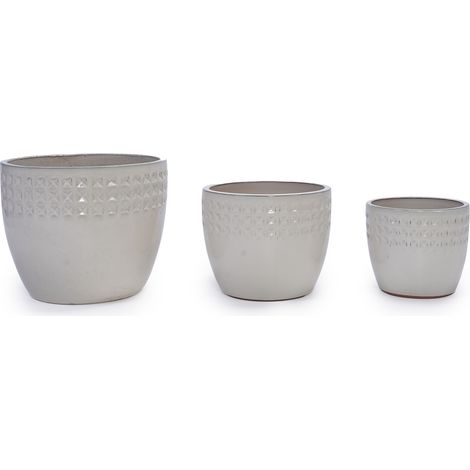 Juego de 3 macetas de cerámica esmaltada color crema con relieve triangular, Ø 38/30,5/23 cm (1/5)