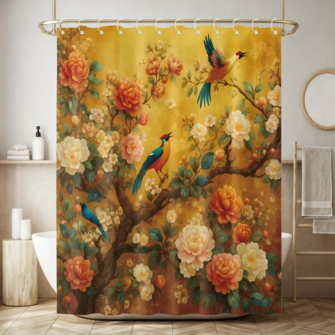 Rideau de douche 200 x 200 cm, vintage fleurs jaunes oiseaux, avec crochets (1/5)