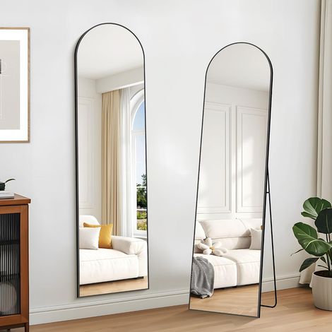 Miroir sur Pied Arqué, 150 x 40 cm Grand Miroir Mural avec Cadre en Aluminium Noir à Suspendre, à Poser, à Appuyer, pour Salon, Chambre, Couloir (1/5)