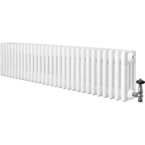Radiador Horizontal 4 Columnas Blanco 300x1370 mm con Válvulas Termostáticas – Radiador Tradicional de Acero, 1519W, Calefacción Eficiente Incluye Soportes, Kit y Cepillo – Garantía 15 Años