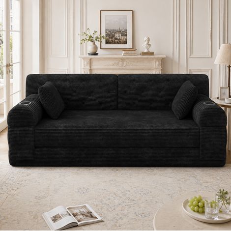 Divano letto 2 posti in velluto a coste nero, schienale alto, struttura in metallo, OKWISH (1/5)