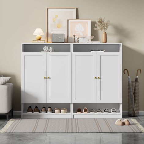 Meuble à chaussures 73 x 34 x 109 cm, rangement compartimenté avec étagères réglables, poignées dorées, Meuble de Rangement à Chaussures 2 portes, pour Meuble d'entrée – Blanc (1/5)