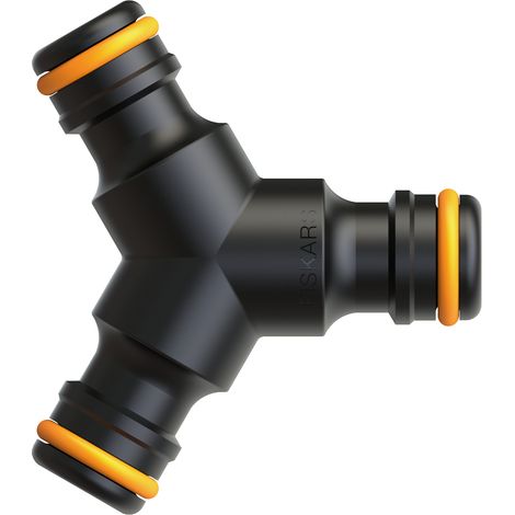 Fiskars Connecteur de Tuyaux 3 Sorties, Alimentation facile en eau dans 2 tuyaux, Pour tous les types et tailles de Raccords rapides pour tuyaux, Taille universelle, 18 g, Noir/Orange, 1027070