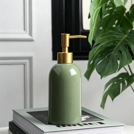 Distributeur de savon moderne en céramique verte (vert armée) avec pompe dorée et flacon de lotion rechargeable pour la décoration de la salle de bain et de la cuisine. (1/5)