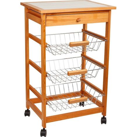 Chariot de cuisine bois et céramique avec paniers et roulettes - bois naturel et blanc céramique (1/5)