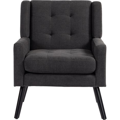 Sillón tapizado de lino con botones 68 x 76 x 88 cm gris oscuro, patas de madera MODENUIT (1/5)