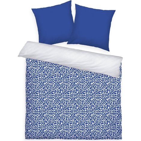 Housse de Couette, 2  80x80 + 200x220 cm, 100% Coton/renforcé, Motif Réversible et Fermeture Eclair Colorée, Organic Leaves Bleu, Blanc (Cobalt) (1/5)