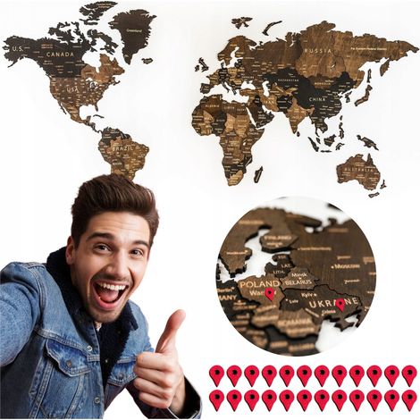 Carte du monde en bois effet 3D détaillée 105 x 60 cm, fixation murale + 204 accessoires (1/5)