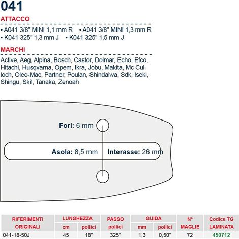 Barra motosega 45 cm - 18" passo .325" Spessore 1.3 mm - .050" attacco 041 - 450712