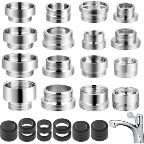 Set of tap adapters with internal and external threads, double thread M16 to M22 with seals, for kitchen water filter and garden hose, aerator fitting, brass (1/5)