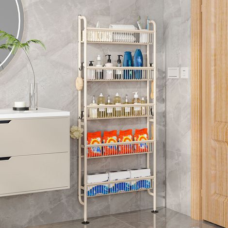 Étagère de Rangement Haute 5 Niveaux en Métal Beige - Meuble de Rangement Mince pour Salle de Bain, Buanderie, Cuisine, avec Crochets Latéraux, pour Produits de Nettoyage et Accessoires (1/4)