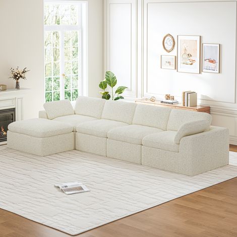 Grand Canapé Modulable 4 Places avec Pouf en Tissu Chenille,Canapé Compressé Sans Assemblage,Profondeur d'Assise 60cm,Salon Moderne Beige,368x182x65cm (1/5)