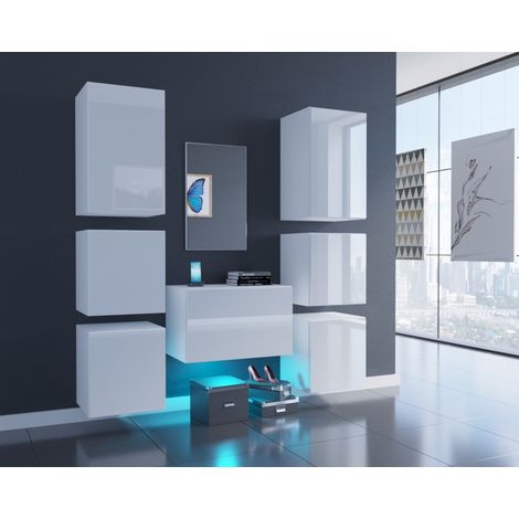 Ensemble de 7 meubles d'entrée muraux et un miroir F3, blanc