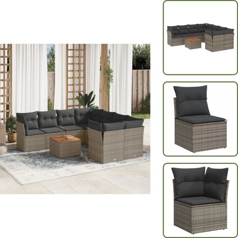 The Living Store 9-tlg. Garten-Sofagarnitur mit Kissen Grau Poly Rattan - Gartenmöbel Set - Outdoor Möbel - Rattan Sofa - Lounge Set - Esstisch (1/5)