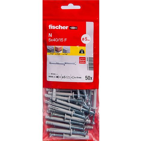Sachet de 50 chevilles à frapper FISCHER N-F avec clou en acier électrozinguétailleØ 5 - 40/15 mm