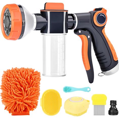 Pistolet Arrosage du Jardin 8 Modes Pulvérisateur Multifonctionnel avec Réservoir Savon d'eau en Mousse de Lavage Voiture/Animaux Compagnie/Plantes Orange - (1/5)