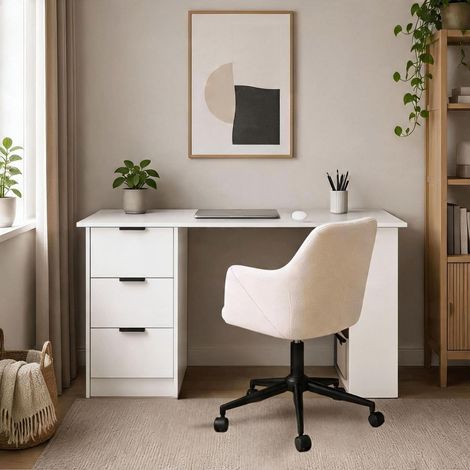 Phoenix White 3 Drawer Desk & Lumera Chenille Fabric Ivory Office Chair Set (1/5)
