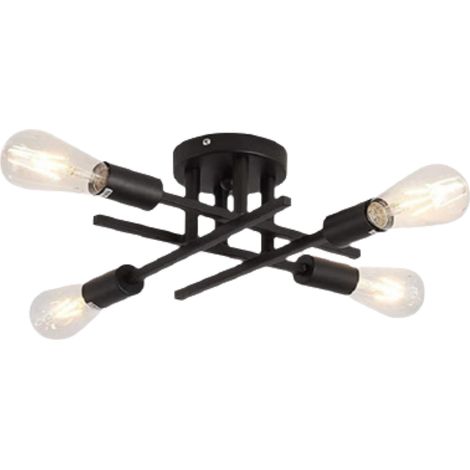 Plafonnier Industriel Rétro - 4 Points Lumineux Métalliques - Structure Suspendue Noire Mat - Pour Salon Chambre Cuisine Salle À Manger - E27 Sans Ampoule