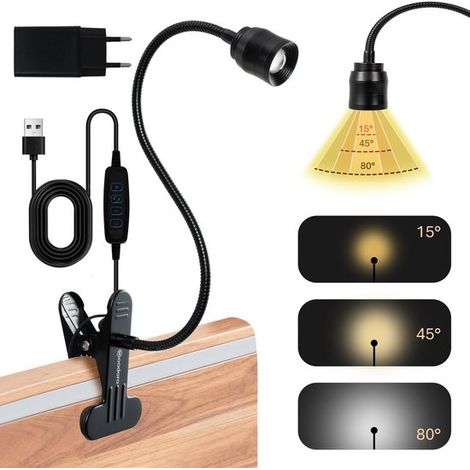 Lampe de lecture – Zoom réglable de 15 à 80 degrés – 3 couleurs et 10 modes – Lampe à pince pour lit et bureau – Noire – Lampes de chevet et de lecture (1/5)