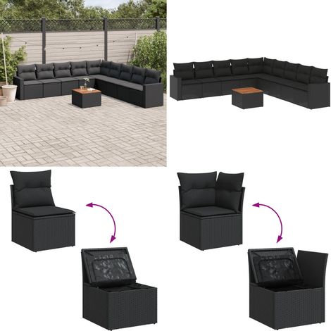 10-tlg. Garten-Sofagarnitur mit Kissen Schwarz Poly Rattan - Gartenmöbel Set - Esszimmerset Outdoor - Lounge Möbel - Rattan Gartenmöbel - Wetterfeste Gartenmöbel - Home & Living