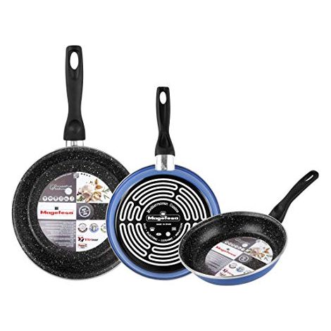 MAGEFESA K2 Blu - Set di 3 padelle (20/24/28) cm, esterno colore blu Antiaderente con bordo rinforzato effetto pietra, adatta a tutti i piani cottura, speciale induzione, 50% di risparmio energetico. (1/4)