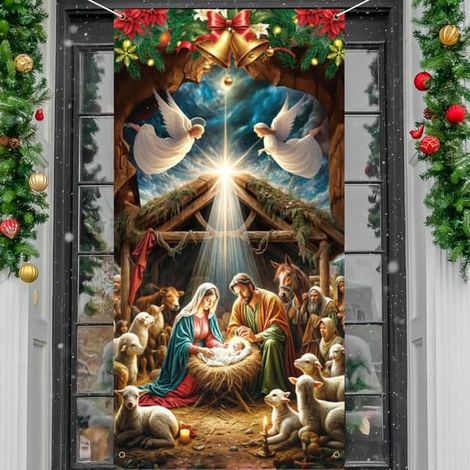 Couronne de porte avec crèche - Décoration extérieure pour porche, Couronne religieuse en tissu représentant la Nuit de Jésus pour les fêtes de Noël