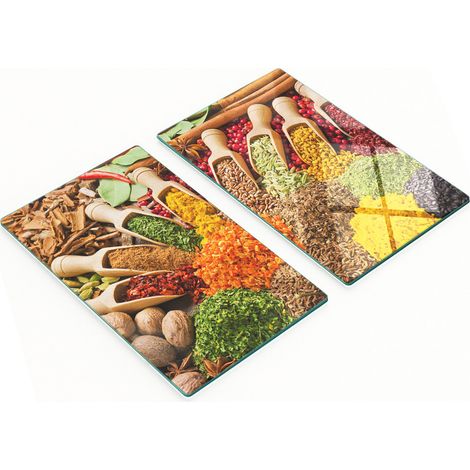Stilvolle und robuste Glasbretter mit aufgedruckten bunten Gewürzen, 2 x 30 x 52 cm (1/5)