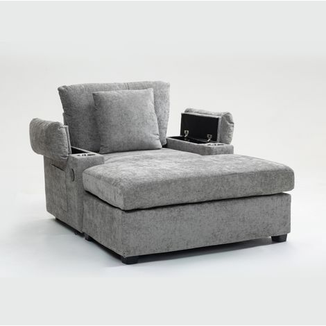 Sillón reclinable de chenilla gris con portavasos y carga USB (1/5)