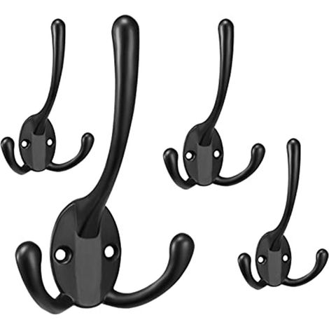 Crochets à visser, lot de 4 crochets triples noirs avec vis pour bois, crochets de porte, salle de bain, cuisine, couloir, bricolage, crochets métalliques, crochets pour vêtements (1/5)