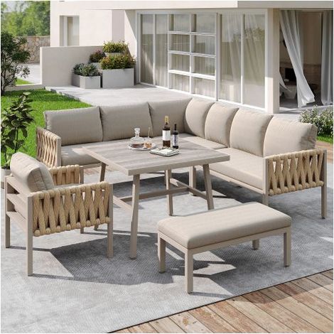 Ensemble salon de jardin 6 places en corde beige - structure fer galvanisé, coussins et plateau, pieds réglables (1/5)