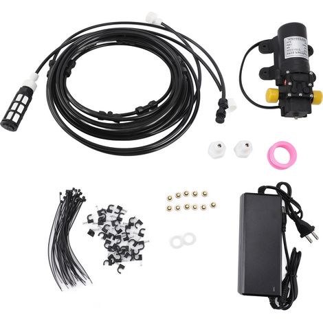 Système de brumisation extérieur efficace avec pompe de 9 m, filtres, buses, alimentation électrique et kit de tuyau de brumisation pour jardin, terrasse et cour.
