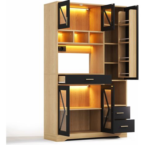 Buffet vintage en MDF avec LED multicolore, étagères réglables et prises intégrées, 185 x 105 x 40 cm (1/5)