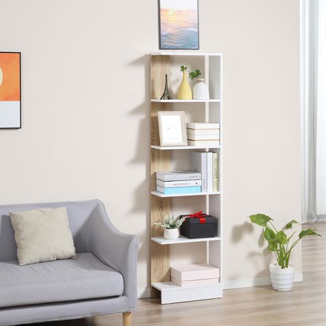 Bibliothèque Étagère de Rangement avec 5 Compartiments Ouverts Design Simple Moderne Idéale pour Salon Chambre Bureau 45 x 21 x 170 cm Blanc et Chêne