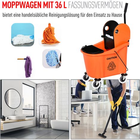 Chariot de ménage HOMCOM avec seau sur roues 36L et système d'essorage, orange, 54 x 41 x 91,5 cm