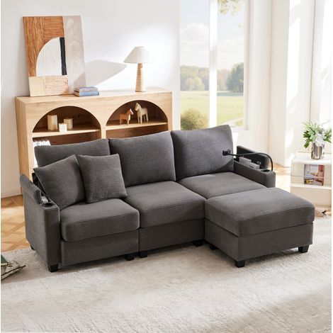 Divano angolare convertibile 3 posti con pouf, USB, portabicchieri, grigio scuro HAVRYA (1/5)