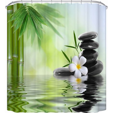 Spa Rideau de Douche avec des Crochets,180 x 200 cm Pierres Noires Orchidées Bambou Eau À Motifs Rideau de la Salle de Bain Résistant à l'eau Anti-moisissure Lavable Tissu ePolyester (1/5)
